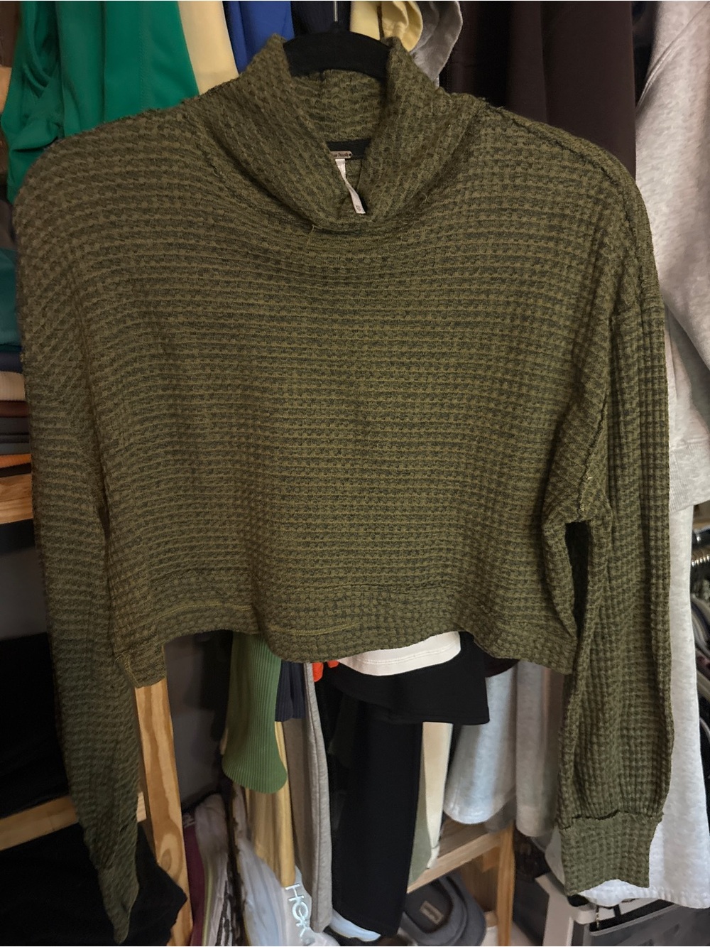 Free People Olive Green Cropped Waffle Turtleneck Sweater